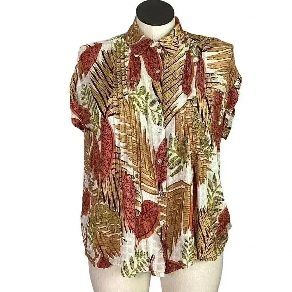Jane and Delancey Top Womens L Brown Multi Leaf Button Up Rayon Short Sleeve